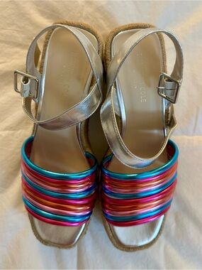 Kenneth Cole New York Silver Slingback Wedges with Multicolor Strappy Toe